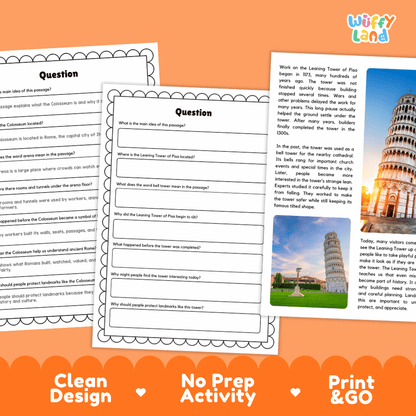 Leaning Tower of Pisa Landmark Reading Passages and Comprehension Worksheets