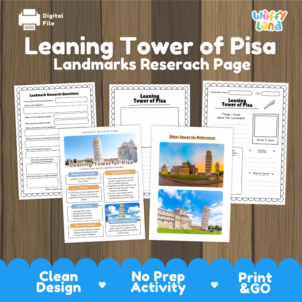 Digital product listing for a 'Leaning Tower of Pisa Landmarks Research Page' by Wiffy Land. The graphic shows several printable worksheet pages laid out on a wood-grain background, with a blue banner at the bottom highlighting features like 'Clean Design', 'No Prep Activity', and 'Print & GO'.