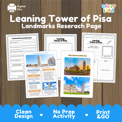Digital product listing for a 'Leaning Tower of Pisa Landmarks Research Page' by Wiffy Land. The graphic shows several printable worksheet pages laid out on a wood-grain background, with a blue banner at the bottom highlighting features like 'Clean Design', 'No Prep Activity', and 'Print & GO'.