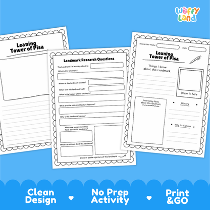 Three printable worksheet pages about the Leaning Tower of Pisa arranged on a bright blue background. The pages are white with black text and border lines, and the top right shows the 'Wiffy Land' brand.