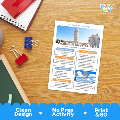 A printed educational worksheet titled 'Landing Tower of Pisa' lies on a wooden desk, surrounded by school supplies including a spiral notebook, red binder clips, and a green chalkboard. The worksheet has colorful text blocks and a small 'Wiffly land' logo in the top right corner.