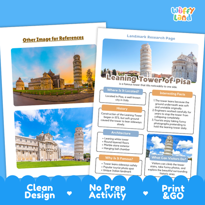 Two educational activity sheets about the Leaning Tower of Pisa are displayed on a blue background. The sheets include printed text, fact boxes, and multiple photos of the tower and surrounding architecture.