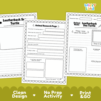 Leatherback Sea Turtle Animal Research Pages and Worksheets