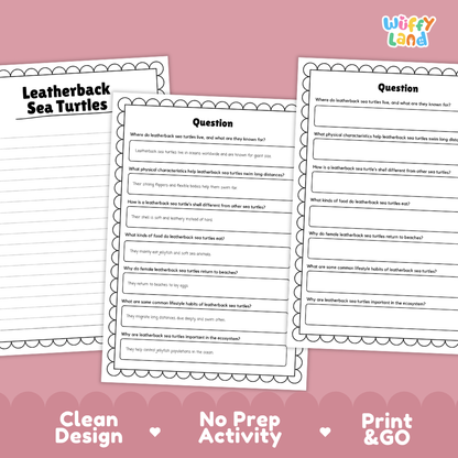 Three printable worksheet pages about leatherback sea turtles on a pink background, with text reading 'Leatherback Sea Turtles,' 'Question,' and 'Clean Design No Prep Activity Print & GO.' The top-right corner shows the brand name 'Wiffly Land.