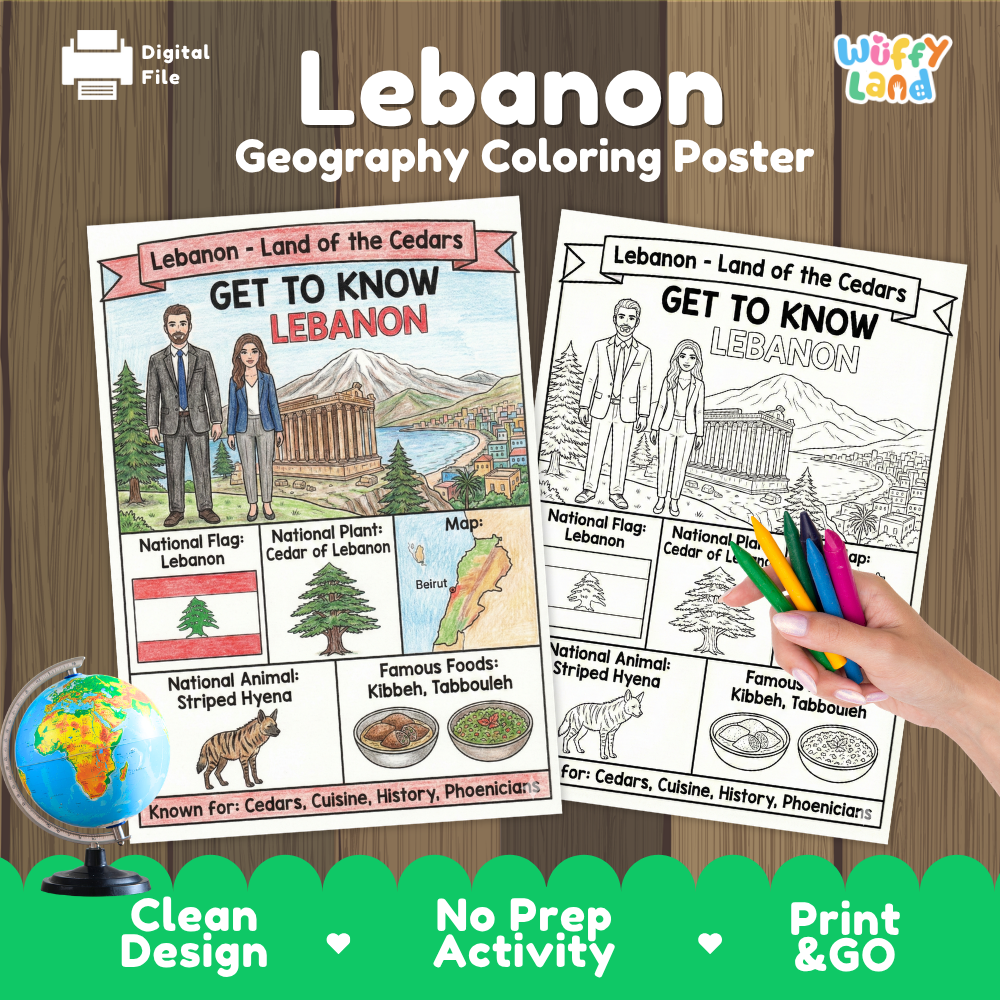 Get to know Lebanon coloring poster paired with photo flashcards of Saint George Maronite Cathedral, Tabbouleh, Tripoli city view, and traditional dress