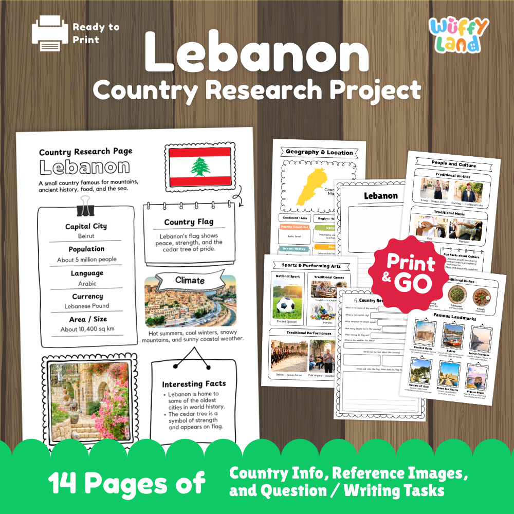 Student country research worksheet on Lebanon featuring national flag, Beirut capital facts, Mediterranean climate, and geography map