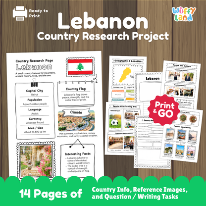 Student country research worksheet on Lebanon featuring national flag, Beirut capital facts, Mediterranean climate, and geography map