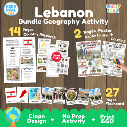 Lebanon geography activity bundle cover showing 14 country research pages, 2 ready to use coloring posters, and 27 photo flashcards