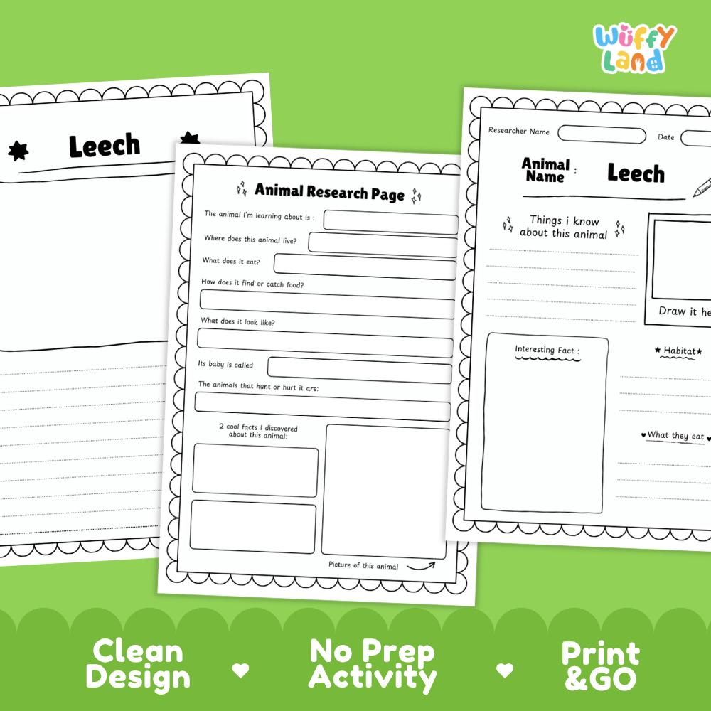 Leech Animal Research Project Worksheets and Fact Sheet Activity Pages