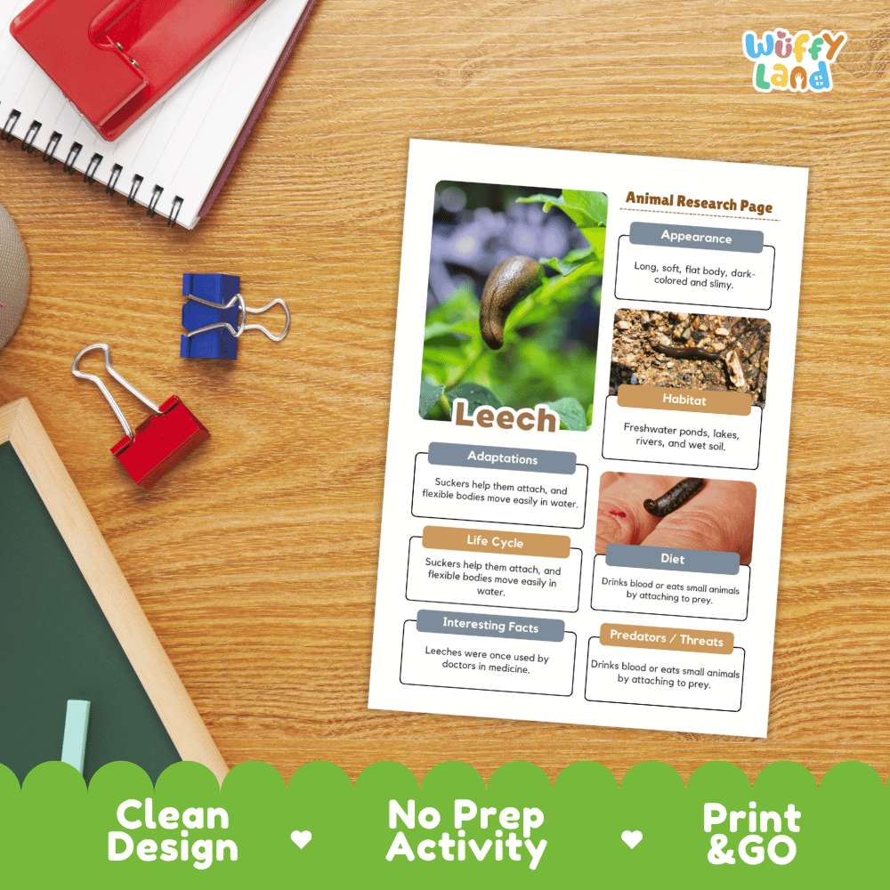 Leech Animal Research Project Worksheets and Fact Sheet Activity Pages