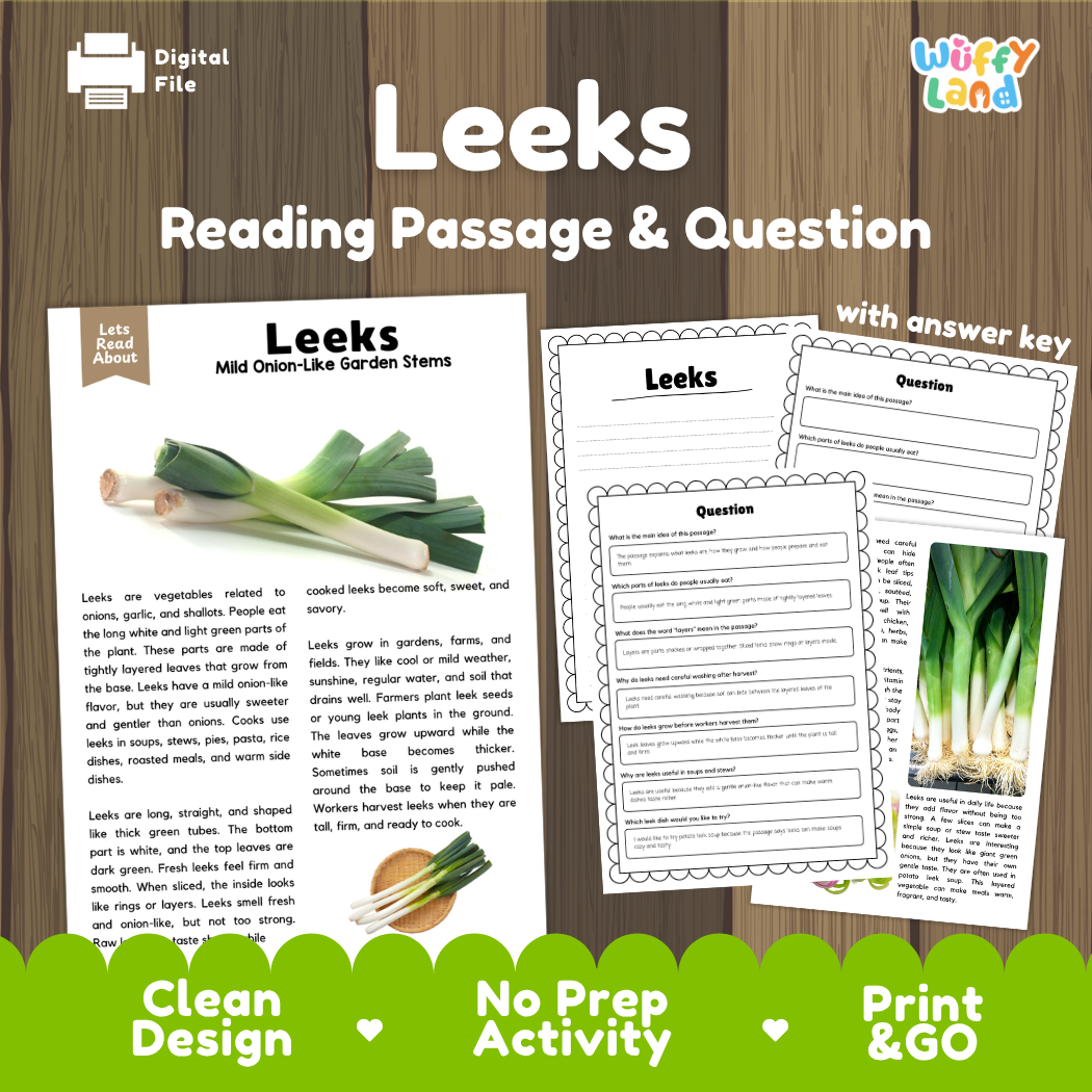 Leeks reading comprehension passage and questions printable activity pack with answer key for elementary students