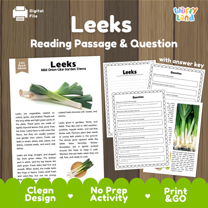 Leeks reading comprehension passage and questions printable activity pack with answer key for elementary students
