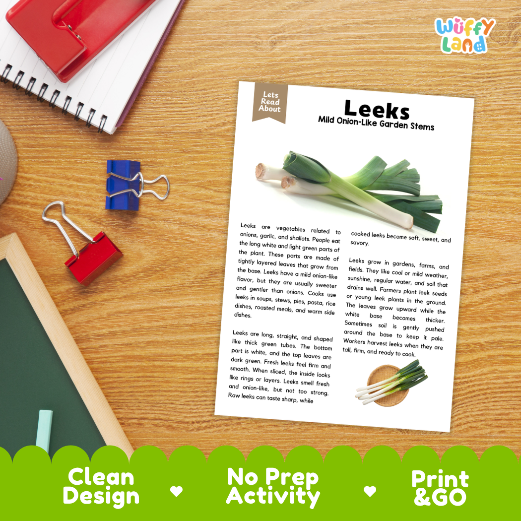 Student reading comprehension worksheet with short-answer questions and lined sections about leek stem vegetables