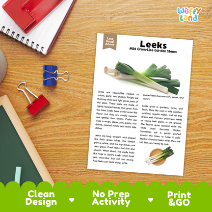 Student reading comprehension worksheet with short-answer questions and lined sections about leek stem vegetables