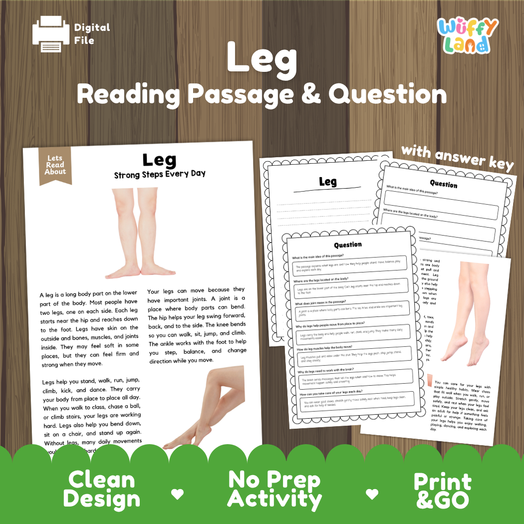 Leg reading comprehension passage and questions printable activity pack with answer key for elementary students