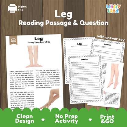 Leg reading comprehension passage and questions printable activity pack with answer key for elementary students