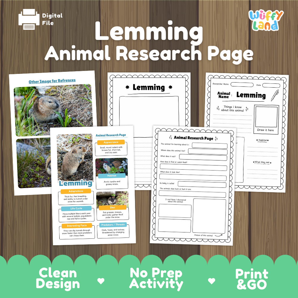 Digital preview of a Lemming Animal Research Page activity sheet set by Wiffy Land, displayed on a wood-grain background with promotional text at the bottom.