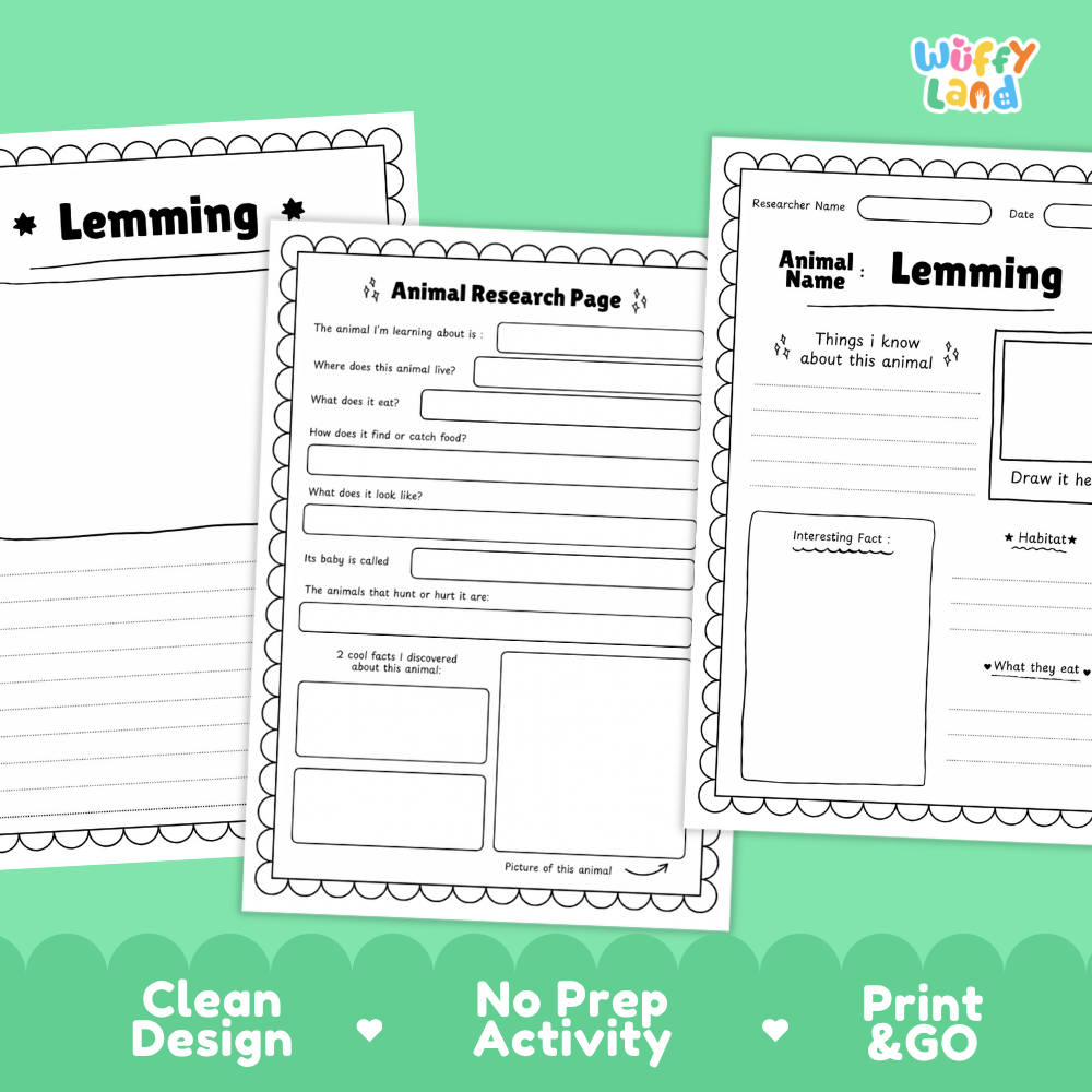 Three printable worksheet pages for a lemming animal research activity, shown overlapping on a mint green background with the text 'Clean Design', 'No Prep Activity', and 'Print & GO'. The pages are white with black text and border lines, and the 'Wiffy Land' brand logo appears in the top right.