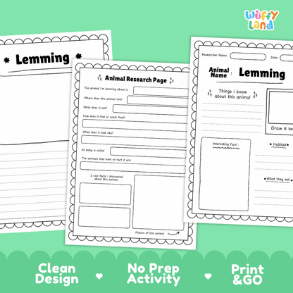 Three printable worksheet pages for a lemming animal research activity, shown overlapping on a mint green background with the text 'Clean Design', 'No Prep Activity', and 'Print & GO'. The pages are white with black text and border lines, and the 'Wiffy Land' brand logo appears in the top right.