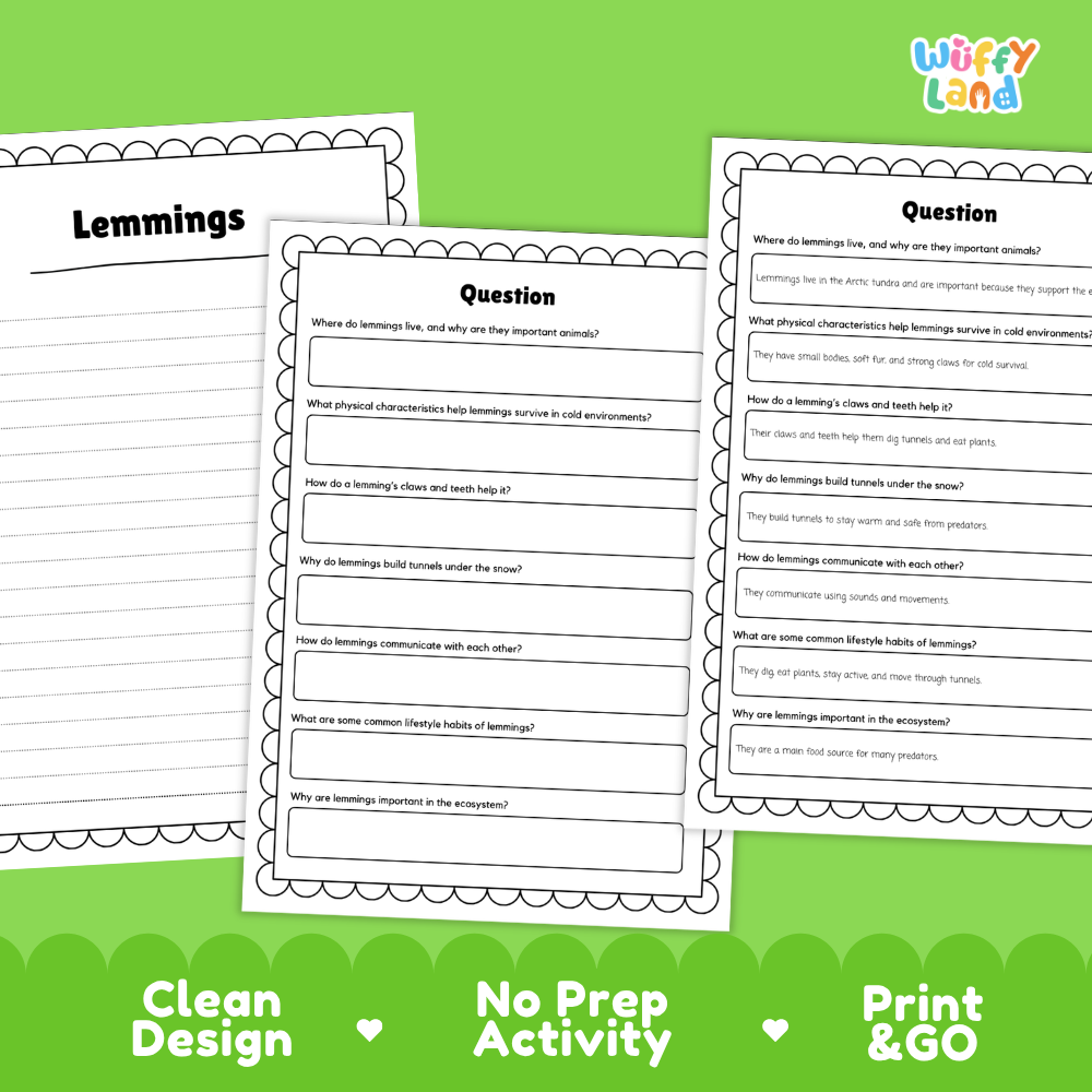 Three printable worksheet pages for a 'Lemmings' educational activity, displayed on a bright green background with promotional text at the bottom. The worksheets feature black text and lines on a white page with a decorative border.