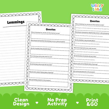 Three printable worksheet pages for a 'Lemmings' educational activity, displayed on a bright green background with promotional text at the bottom. The worksheets feature black text and lines on a white page with a decorative border.