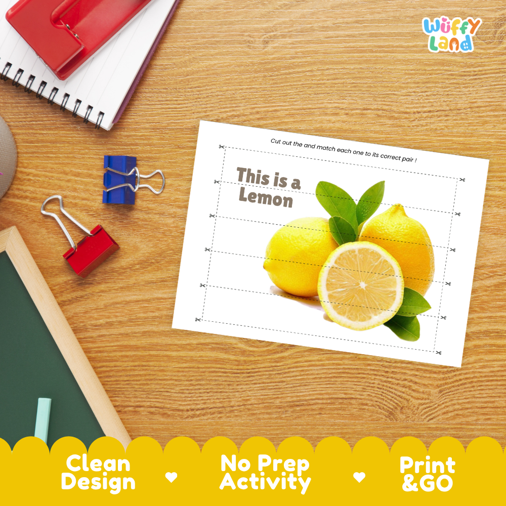 Close-up of puzzle worksheet showing lemon images and dotted scissor lines