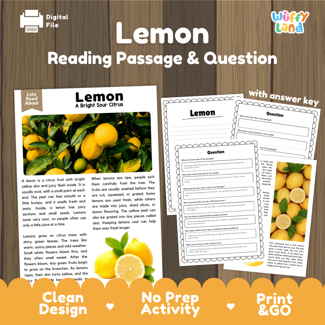 Lemon reading comprehension passage and questions printable activity pack with answer key for elementary students
