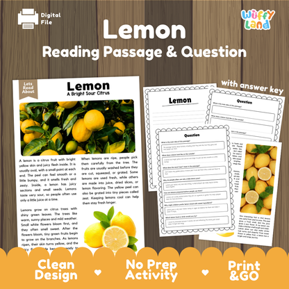 Lemon reading comprehension passage and questions printable activity pack with answer key for elementary students