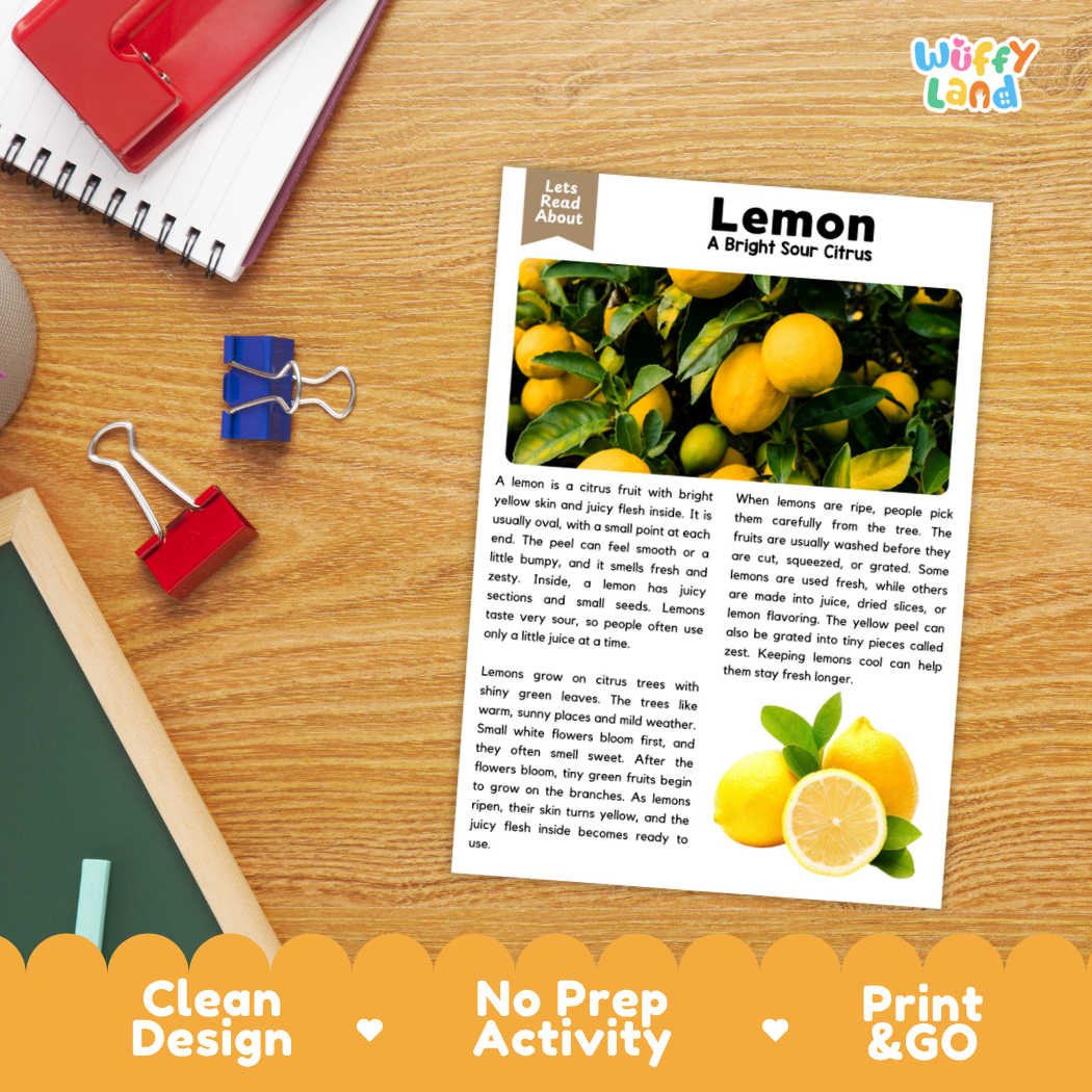 Student reading comprehension worksheet with short-answer questions and lined sections about lemon citrus fruit