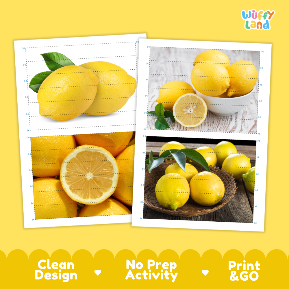 Printable activity sheets featuring photographic lemon puzzle boards and cutting guides
