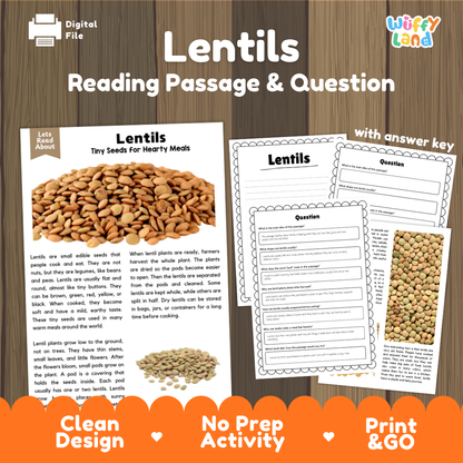 Lentils Reading Passage and Comprehension Questions Worksheets with Answer Key