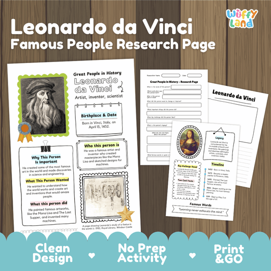 A printable educational worksheet set about Leonardo da Vinci, shown as a designed page layout on a wood background with promotional text at the bottom. The product appears to be a research page/activity sheet rather than a physical object in a real environment, so this fits Other rather than Product/Packaging or Lifestyle.