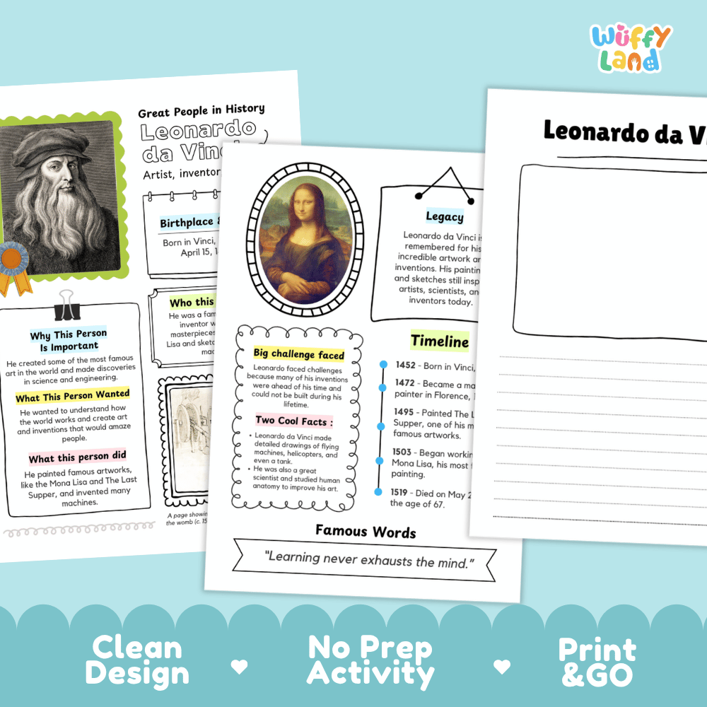 Three educational activity sheets about Leonardo da Vinci are displayed on a light gray background with decorative teal clouds and the text 'Clean Design', 'No Prep Activity', and 'Print & GO'. The sheets include a portrait of Leonardo da Vinci, a timeline, famous quotes, and fact boxes.