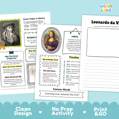 Three educational activity sheets about Leonardo da Vinci are displayed on a light gray background with decorative teal clouds and the text 'Clean Design', 'No Prep Activity', and 'Print & GO'. The sheets include a portrait of Leonardo da Vinci, a timeline, famous quotes, and fact boxes.