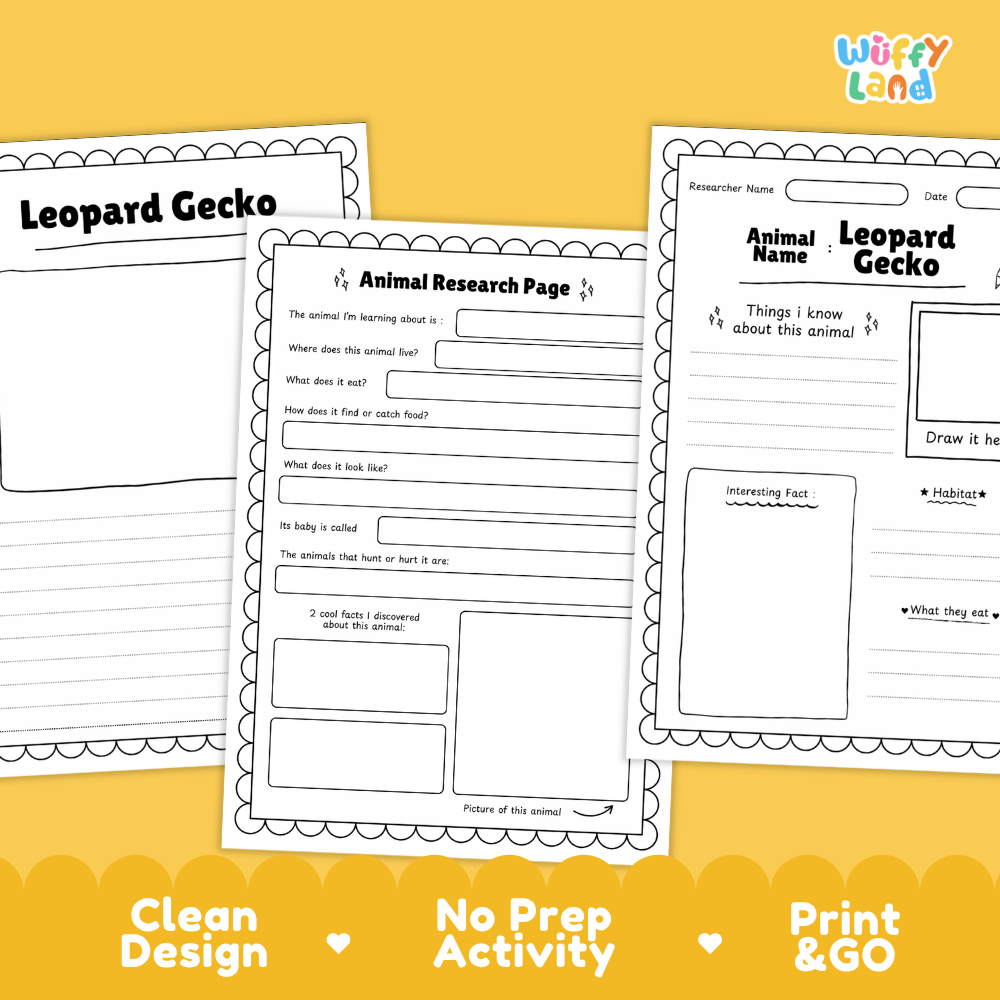 Three printable worksheet pages for an animal research activity about a leopard gecko are shown on a yellow background with marketing text reading 'Clean Design', 'No Prep Activity', and 'Print & GO'. The worksheets have black outlines and text on white pages, and the top-right corner shows the brand name 'Wiffly Land'.