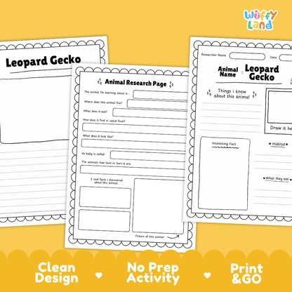 Three printable worksheet pages for an animal research activity about a leopard gecko are shown on a yellow background with marketing text reading 'Clean Design', 'No Prep Activity', and 'Print & GO'. The worksheets have black outlines and text on white pages, and the top-right corner shows the brand name 'Wiffly Land'.