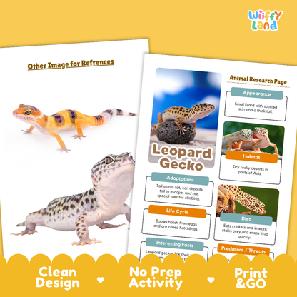 Two printed activity sheets for a leopard gecko research project are shown on a yellow background. One sheet has a reference image of a leopard gecko, and the other is an animal research page with text boxes about appearance, habitat, adaptations, life cycle, diet, and interesting facts.