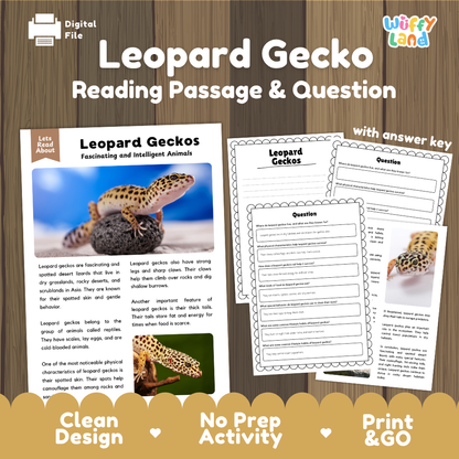 Leopard Gecko Reading Passage and Comprehension Questions with Answer Key Worksheets