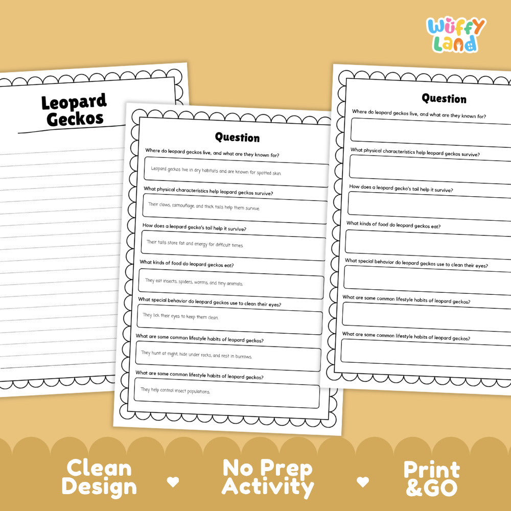 Leopard Gecko Reading Passage and Comprehension Questions with Answer Key Worksheets
