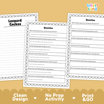 Leopard Gecko Reading Passage and Comprehension Questions with Answer Key Worksheets