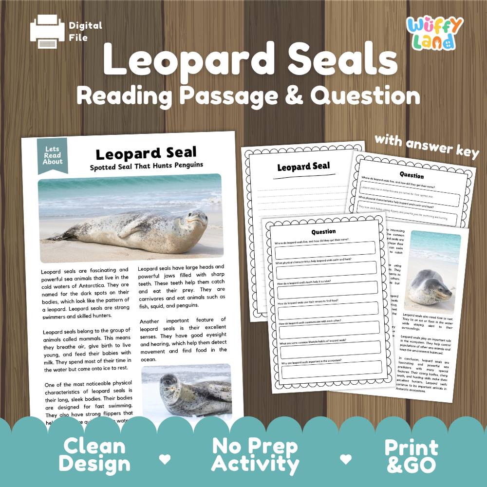 Digital reading activity sheet set titled 'Leopard Seals Reading Passage & Question' on a wood-textured background. The set includes a printed-style passage page with a leopard seal photo and text, answer lines, a question page, and a key.