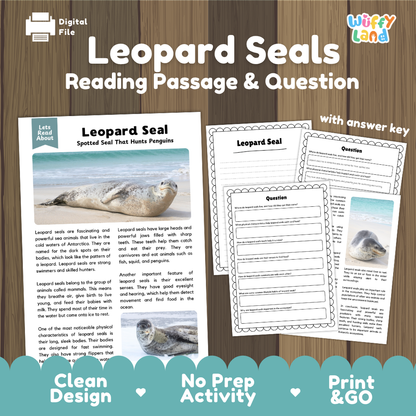 Digital reading activity sheet set titled 'Leopard Seals Reading Passage & Question' on a wood-textured background. The set includes a printed-style passage page with a leopard seal photo and text, answer lines, a question page, and a key.