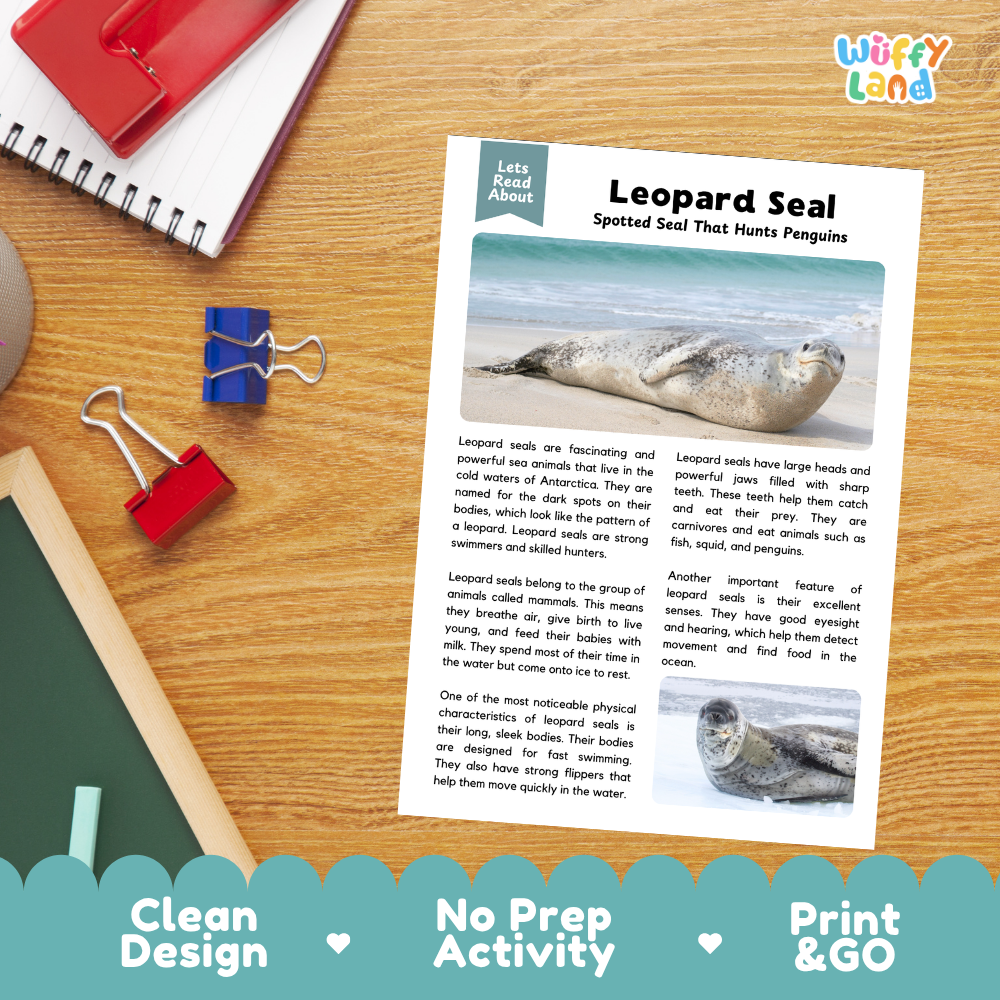 An educational activity sheet titled 'Leopard Seal' with text and small seal photos, styled on a wooden desk with a spiral notebook, red notebook cover, blue binder clips, and a decorative teal banner at the bottom. The sheet appears to be the product being sold rather than an auxiliary instruction graphic, so this is Product/Packaging, not Instruction Diagram.