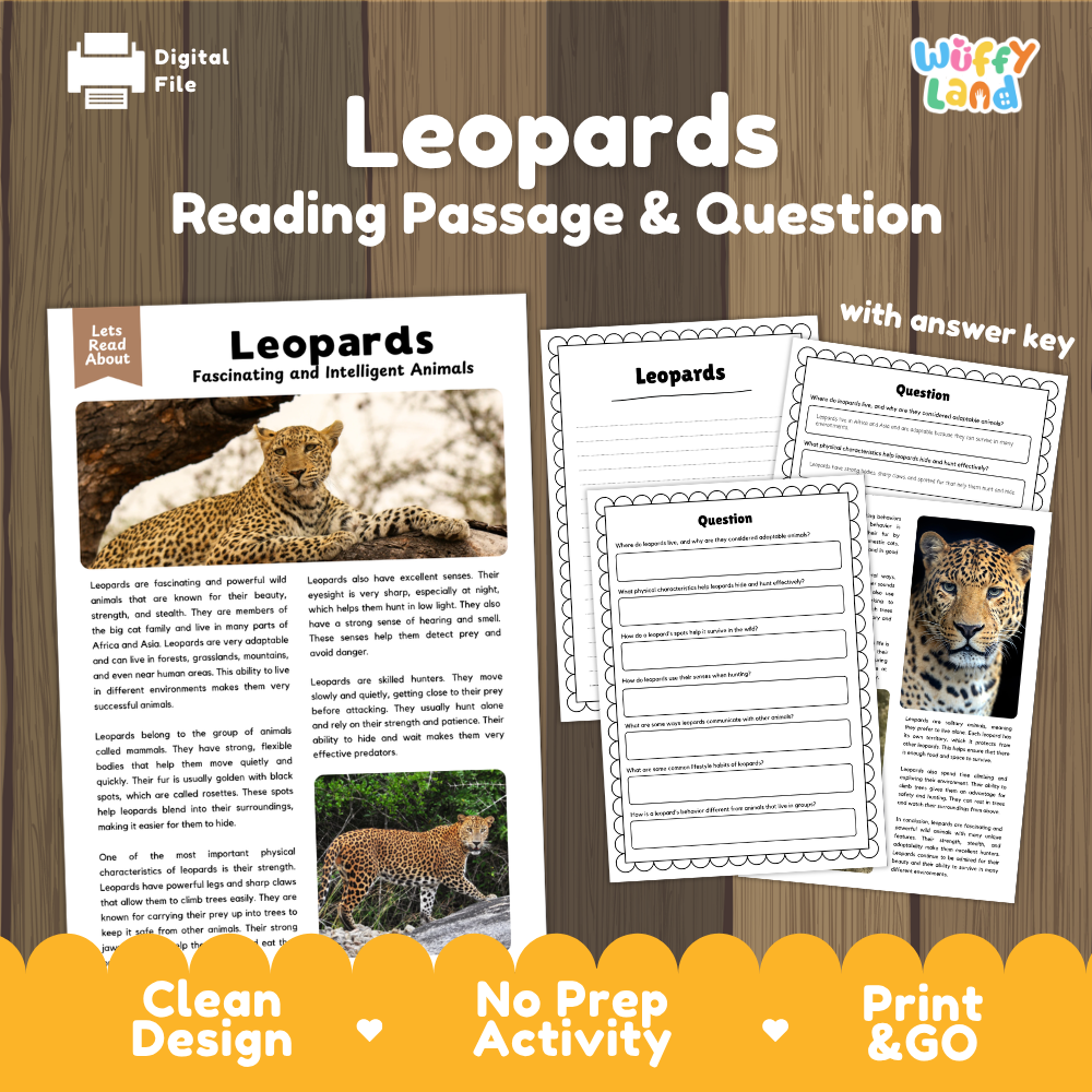 Digital reading activity sheet set about leopards, shown on a wood background with the title 'Leopards Reading Passage & Question'. The layout includes a sample passage with a leopard photo, worksheet pages with question areas, and promotional text reading 'with answer key', 'Clean Design', 'No Prep Activity', and 'Print & GO'.