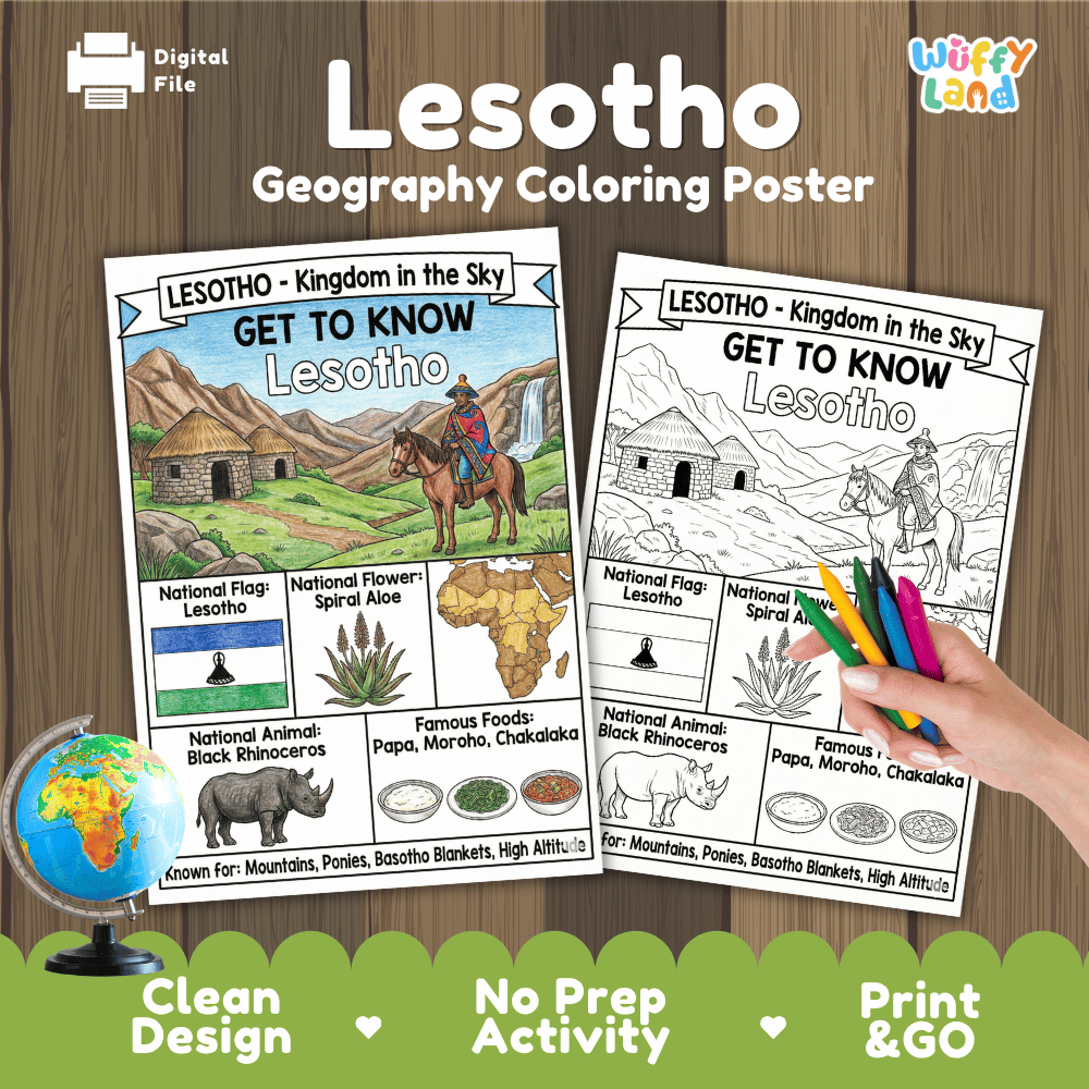 Lesotho Geography Coloring Poster and Fact Sheet Printable Worksheets