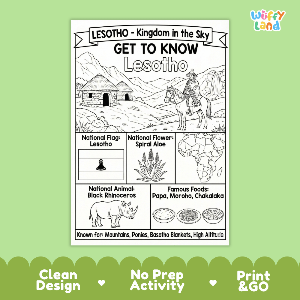 Lesotho Geography Coloring Poster and Fact Sheet Printable Worksheets