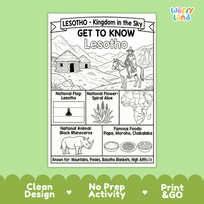 Lesotho Geography Coloring Poster and Fact Sheet Printable Worksheets
