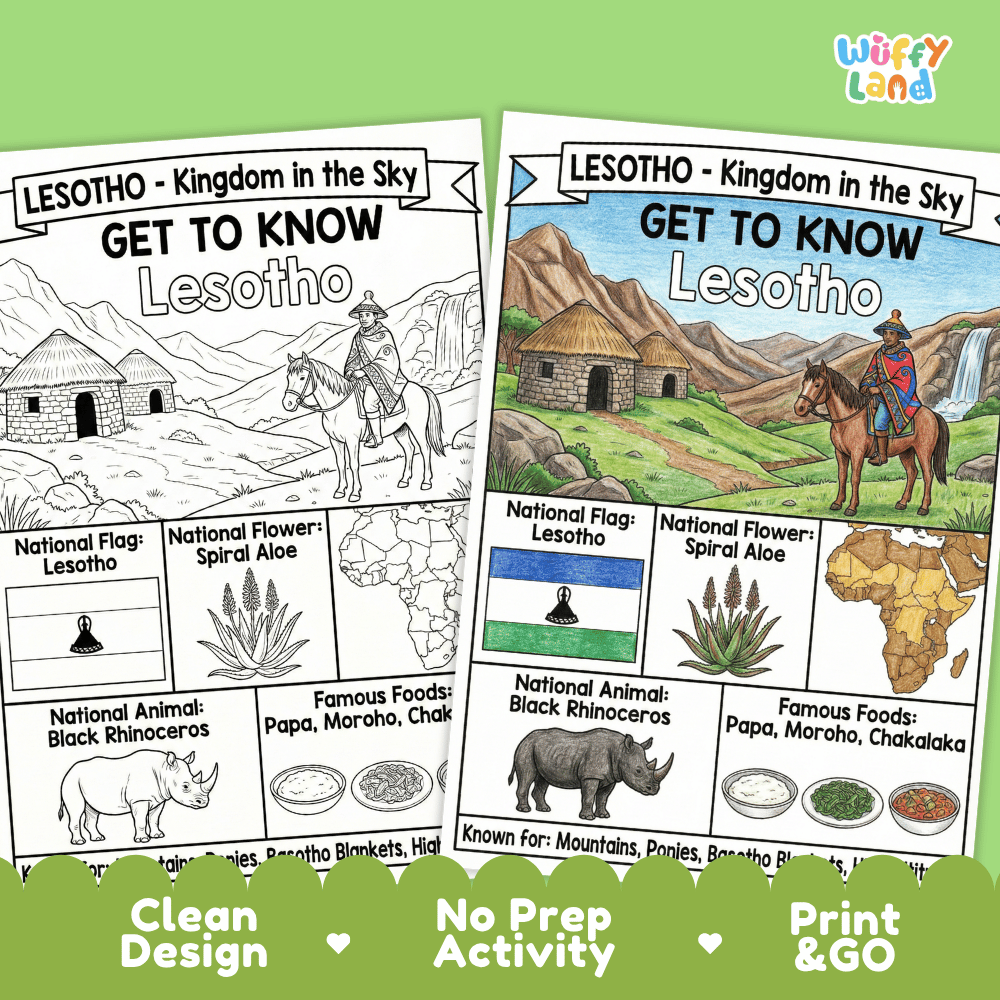 Lesotho Geography Coloring Poster and Fact Sheet Printable Worksheets
