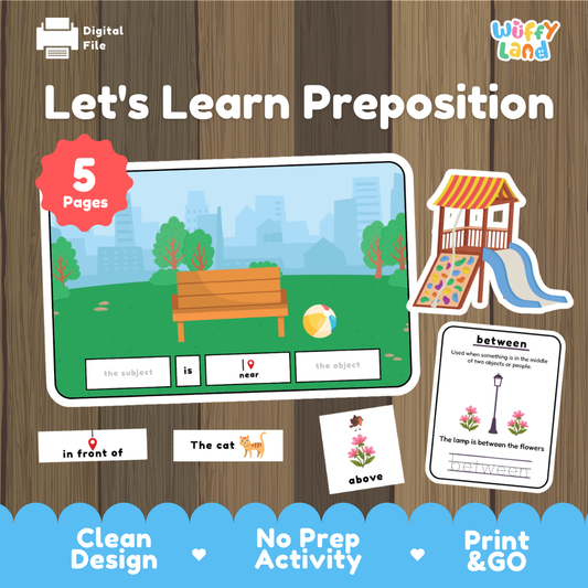 Let's Learn Preposition 5-page activity pack cover showing park background sentence strip mat preposition flashcards and slide manipulative