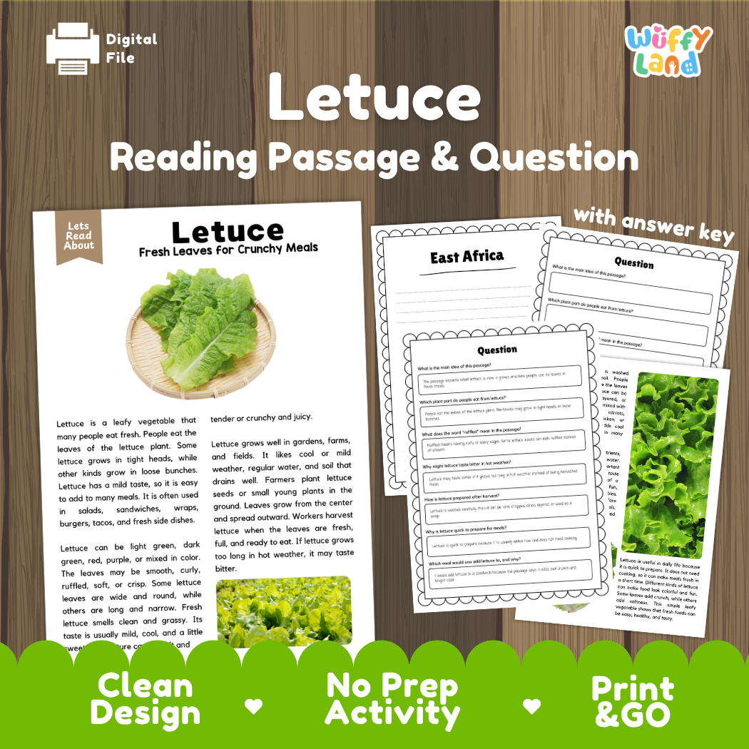 Lettuce reading comprehension passage and questions printable activity pack with answer key for elementary students